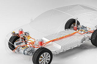 Clear model of a car with colorful wires to outline batter powered car components.
